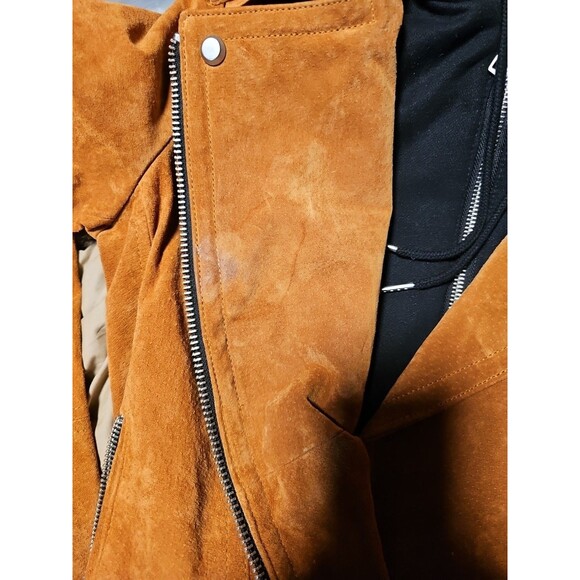 7 For All Mankind Suede Leather Moto Jacket Removeable Hood M Brown Black *Read* - Picture 5 of 5